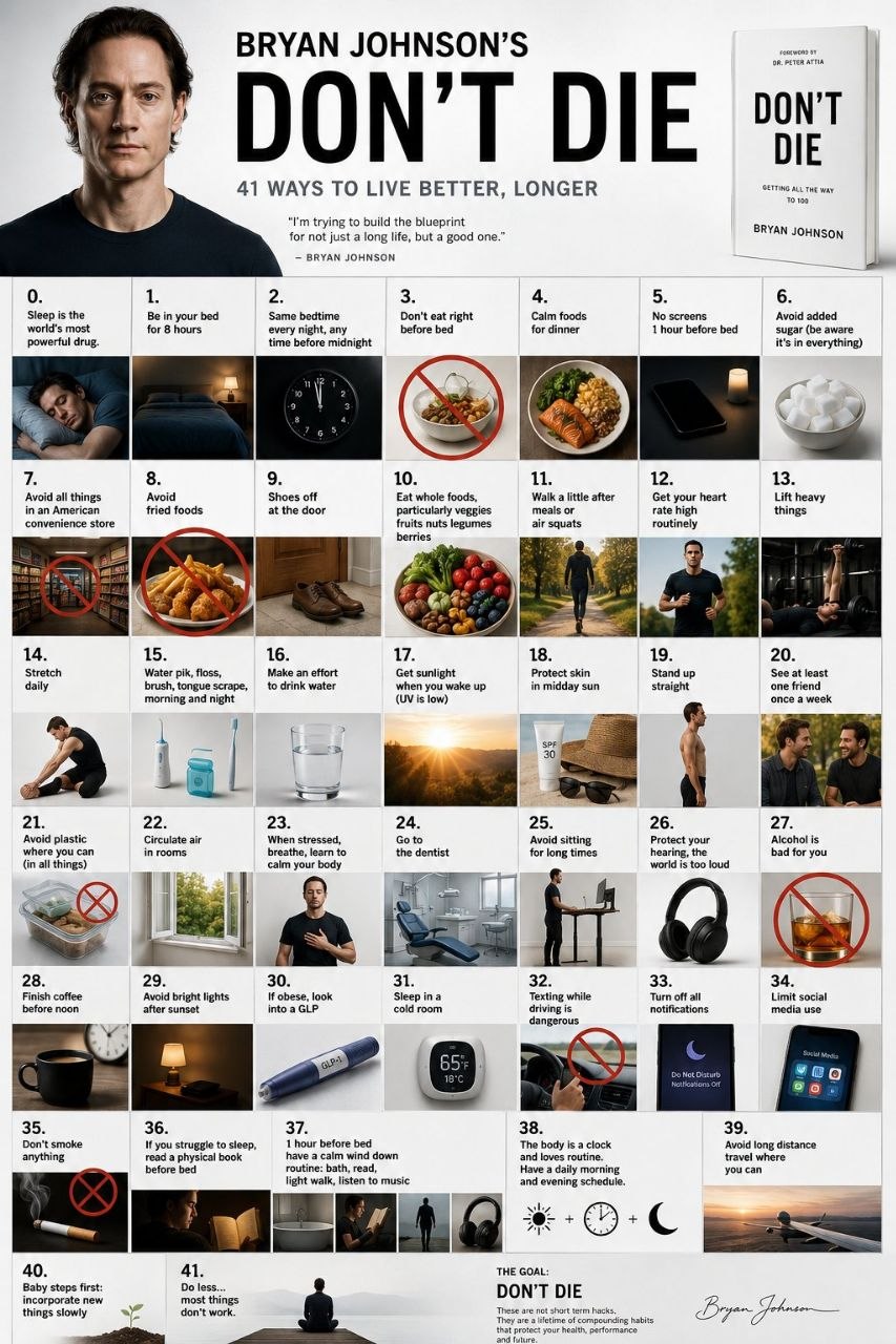 Bryan Johnson's 41 ways to live better longer infographic poster